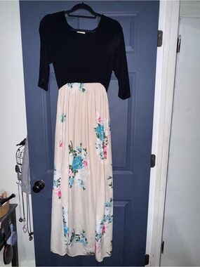 Black Top & Floral Maxi Dress - Black and Cream with Blue/Pink Flowers